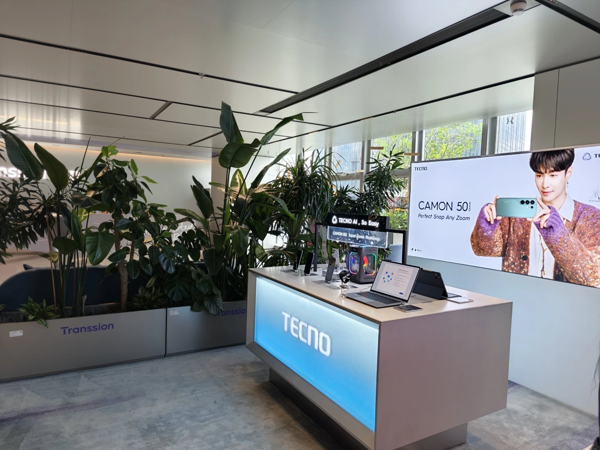 TECNO product display area with the CAMON 50 series at Transsion's Shenzhen headquarters