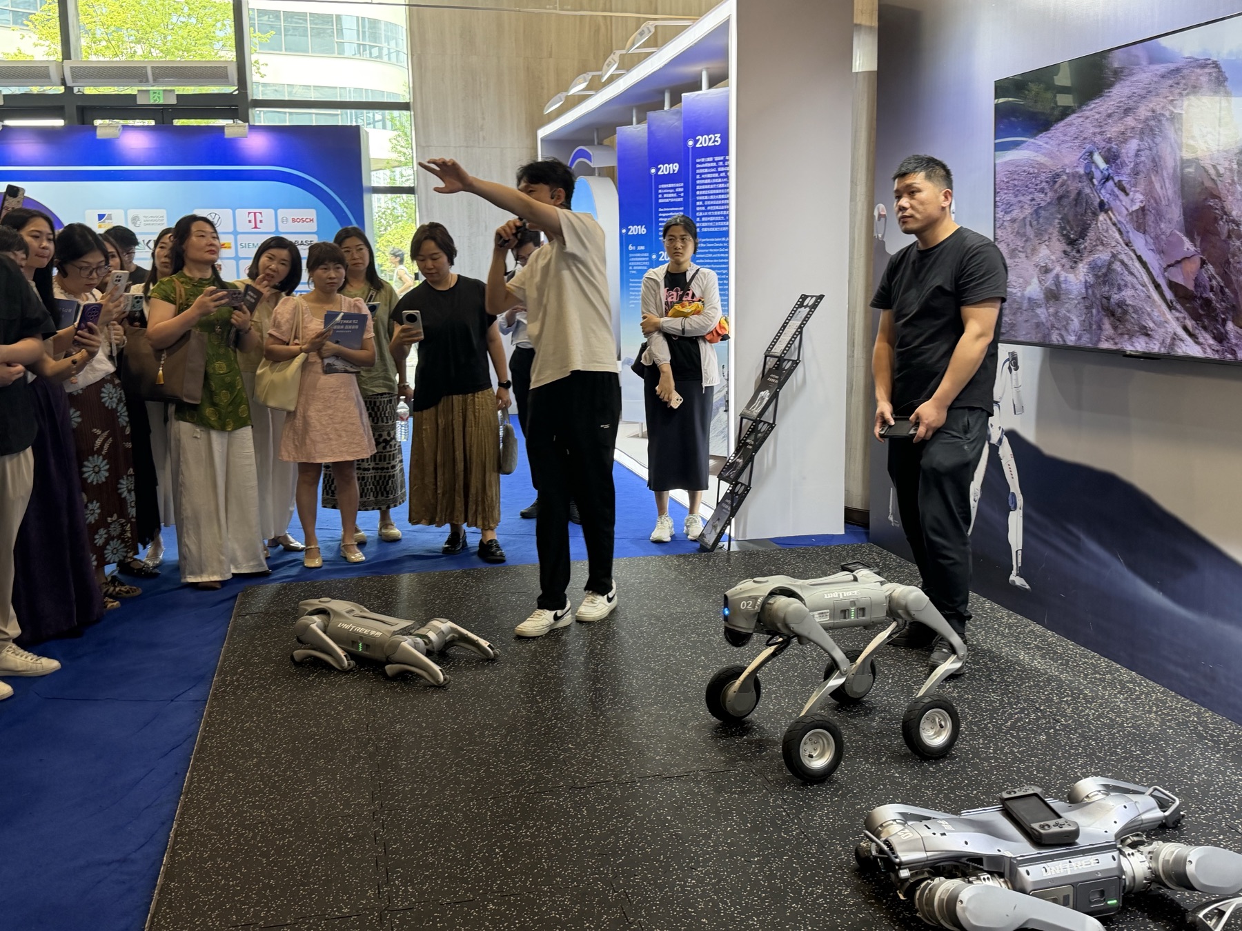 Delegation watches Unitree quadruped robots during a showroom explanation