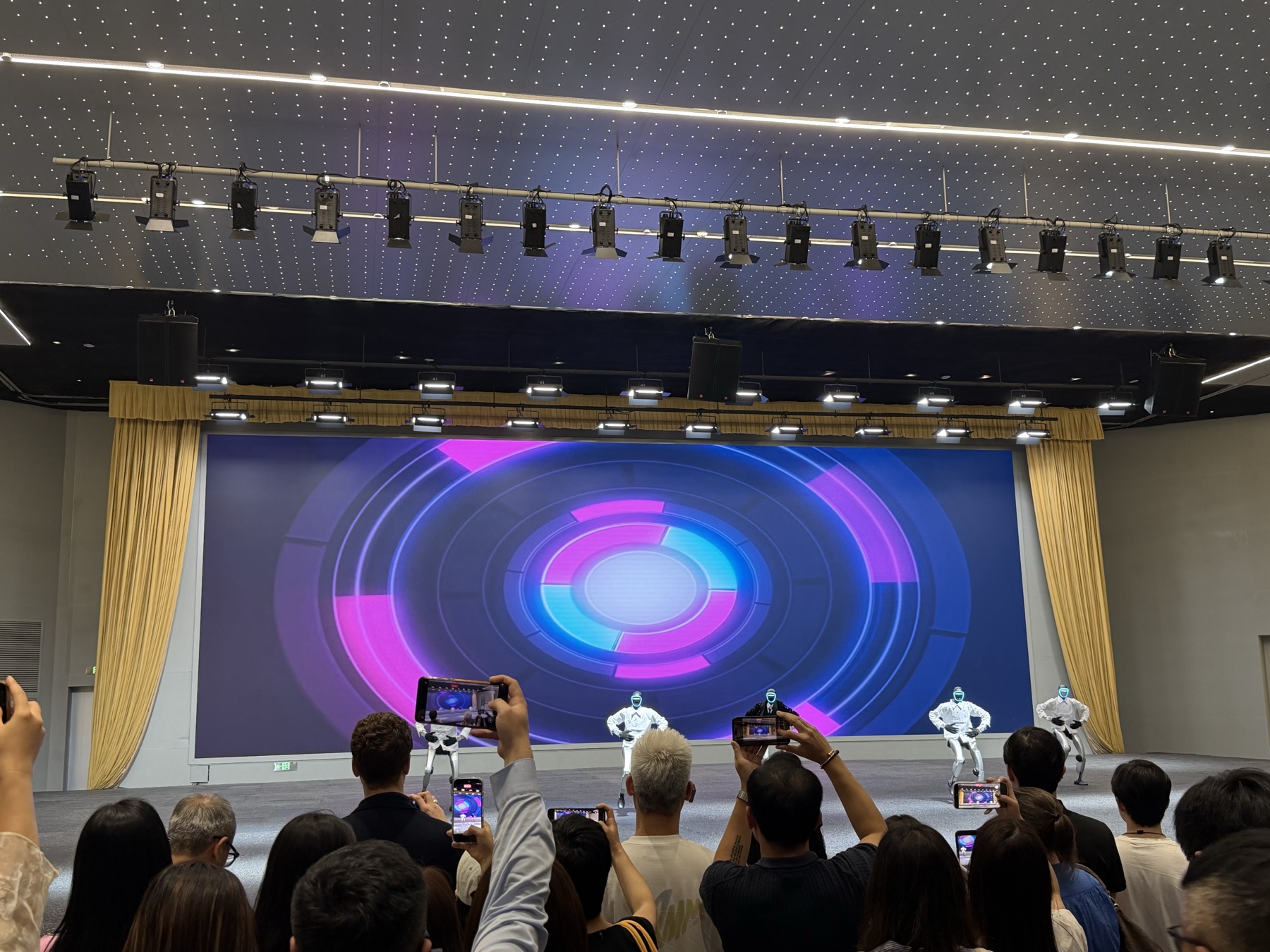 Delegation watches a Unitree humanoid robot demonstration on stage