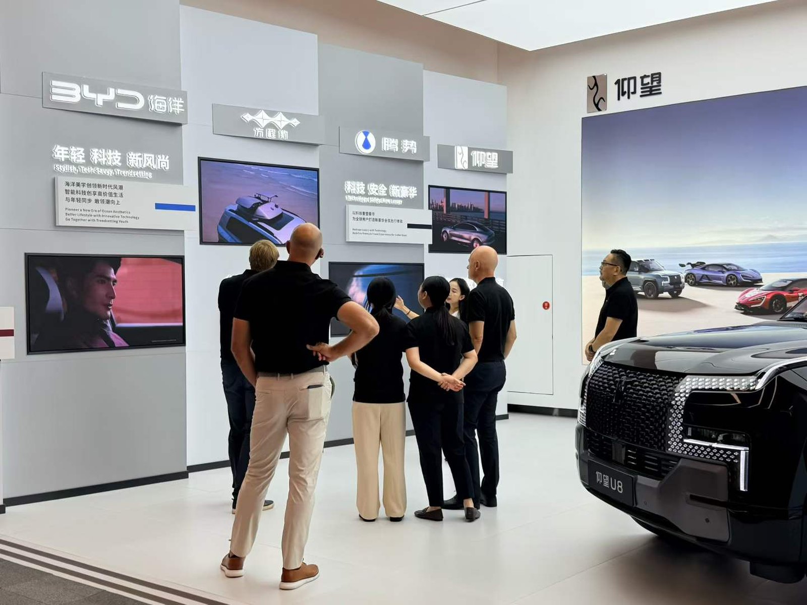 The latest BYD vehicle models on display in the exhibition hall, Shenzhen